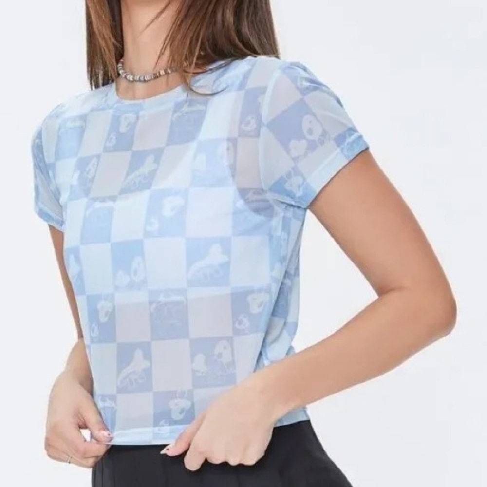 The Smurfs Women SZ S Blue Mesh Sheer Smurfs/Mushroom Shirt Sleeve Crop Top